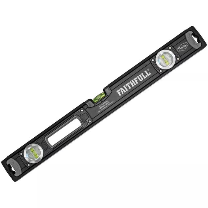 Faithfull Prestige 600mm professional spirit level with heavy-duty aluminium frame, 3 high-accuracy vials, 10-year