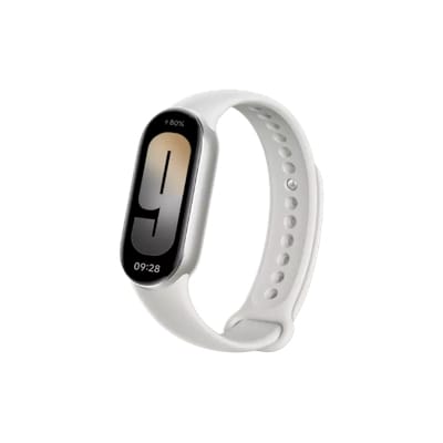 Xiaomi Smart Band 9 Titan Grey with curved display showing time and battery percentage, white strap visible