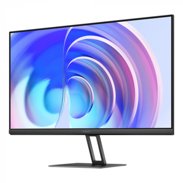 Xiaomi A24i 24" FHD monitor in black, front view with abstract blue and purple swirl on screen