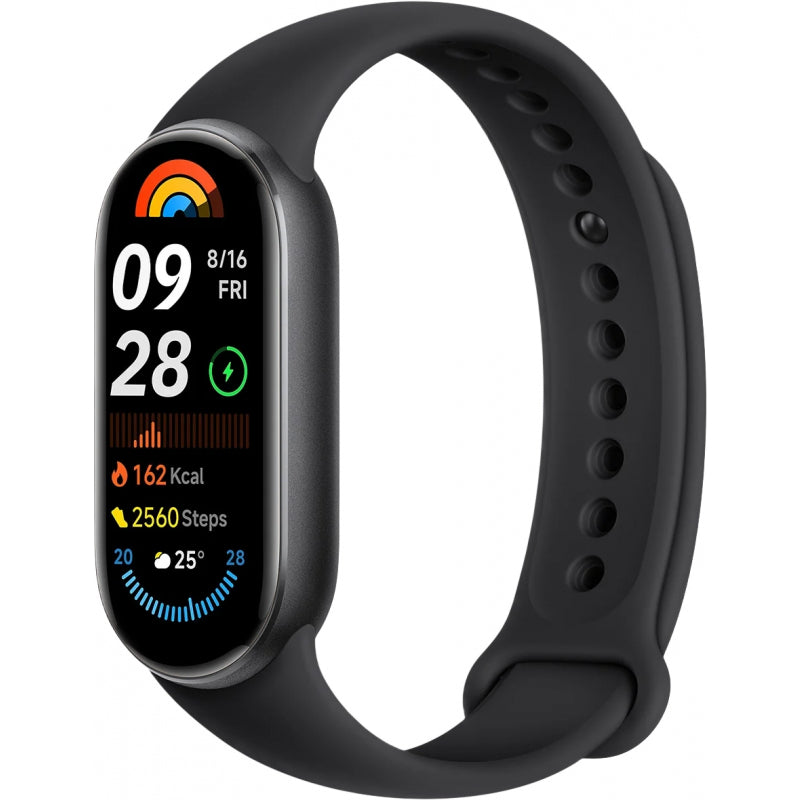 Xiaomi Smart Band 9 in midnight black with colorful AMOLED display showing time, date, calories, steps, and weather.