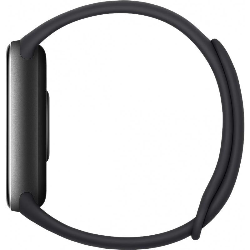 Side view of Xiaomi Smart Band 9 Midnight Black with curved screen and black silicone strap.