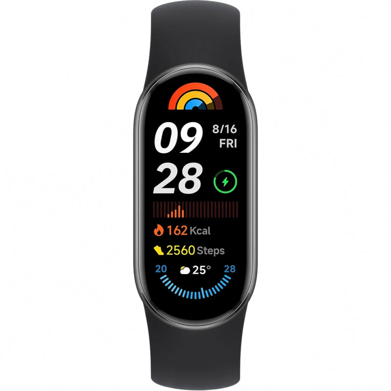 Xiaomi Smart Band 9 Midnight Black showing time, date, steps, calories, and weather on screen