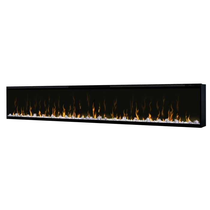 Dimplex 100" Ignite Frameless Optiflame electric fireplace with edge-to-edge glass and glowing flames over acrylic ice bed.