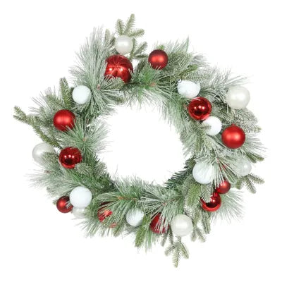 Snowy Mixed Foliage Bauble Wreath - Red/White - 60cm - Image 1