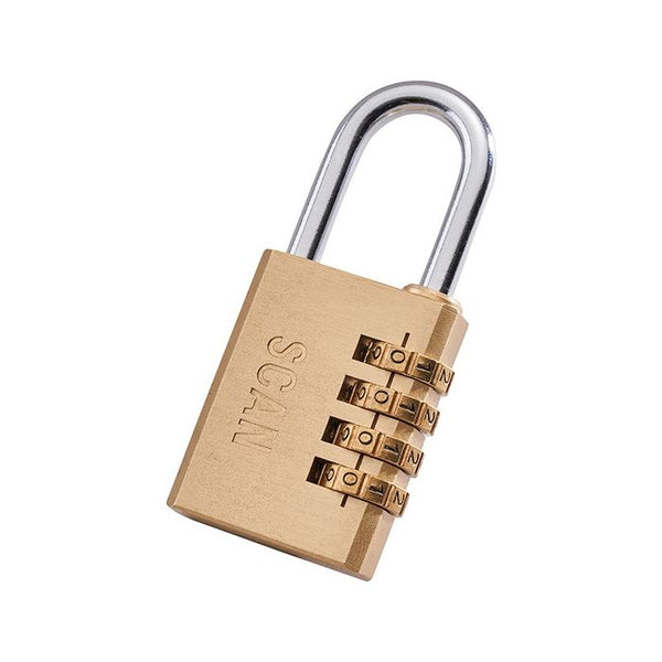 Scan 38mm Combination Padlock with solid brass body, 4-digit code, hardened steel shackle – available at Keans Claremorris.