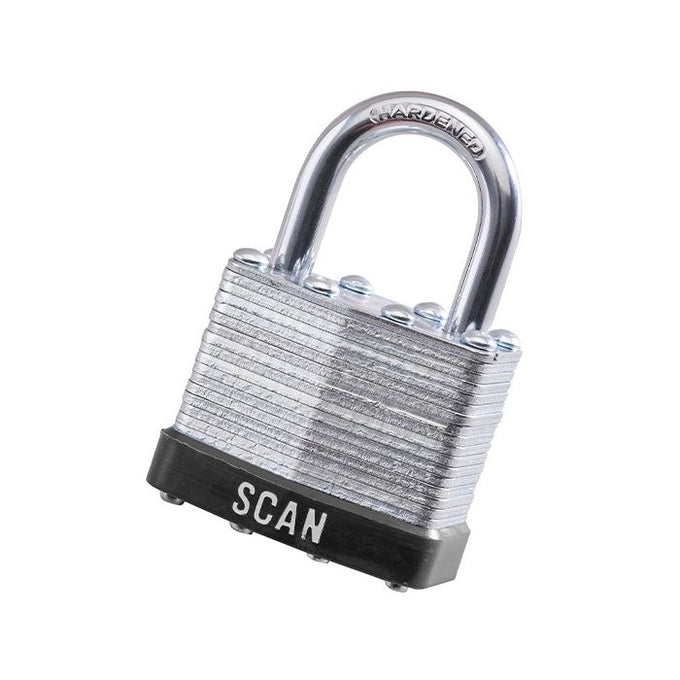 Scan 40mm Laminated Padlock twin pack with galvanized plates, hardened steel shackle, brass cylinder, safety bumper – Keans