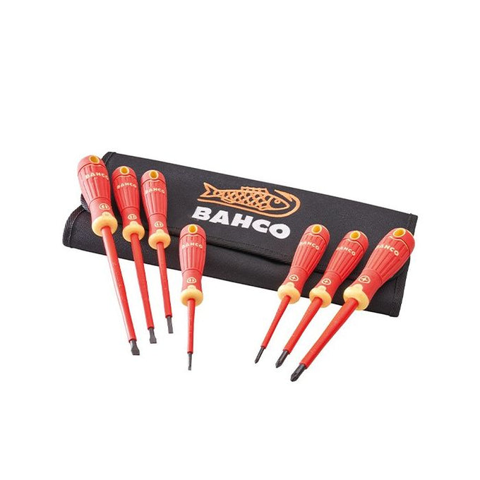 Bahco 7 Piece VDE Screwdriver Set with insulated handles, high accuracy tips, tested to IEC 60900, available at Keans