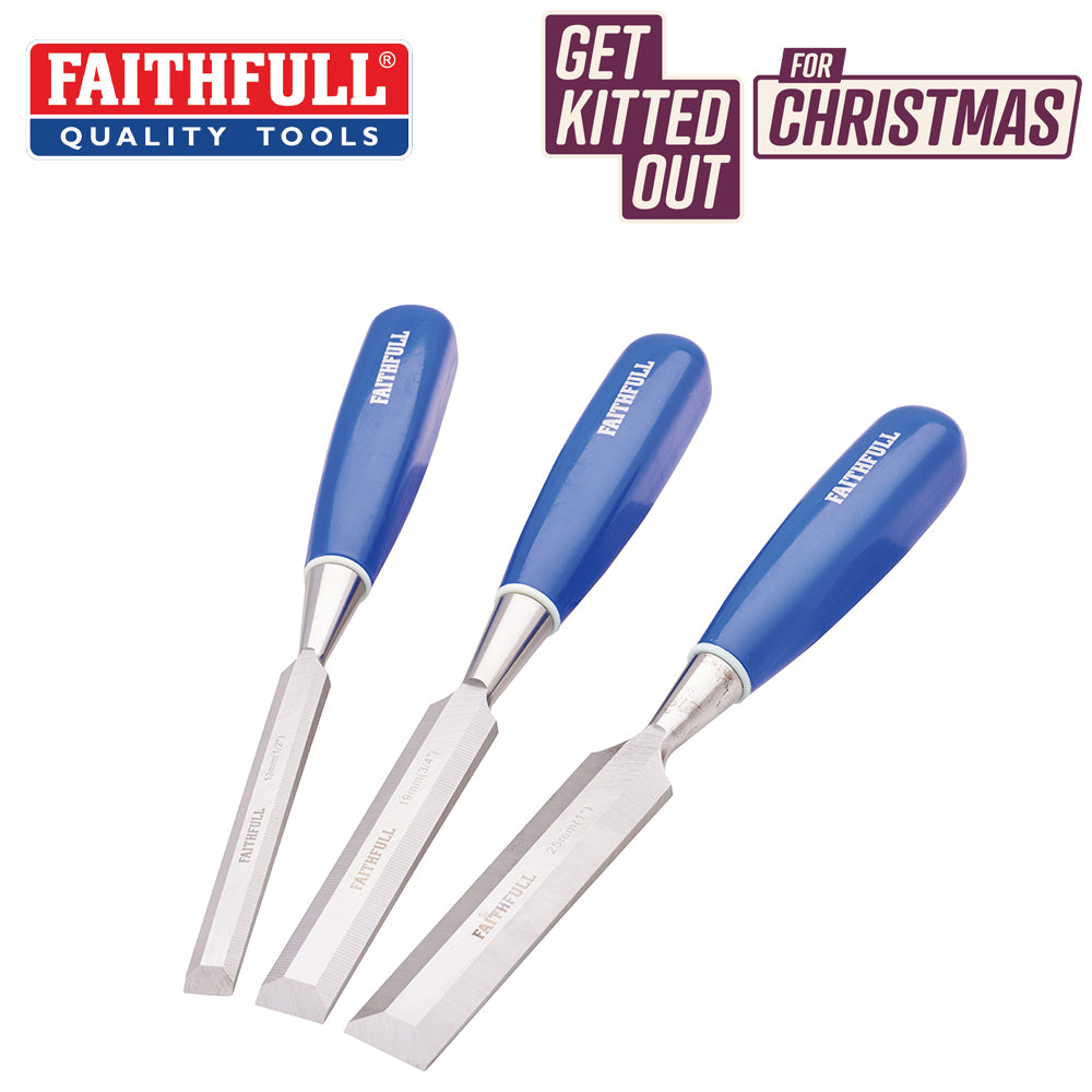 Three Faithfull blue-handled chisels with metal blades in varying widths on a white background.
