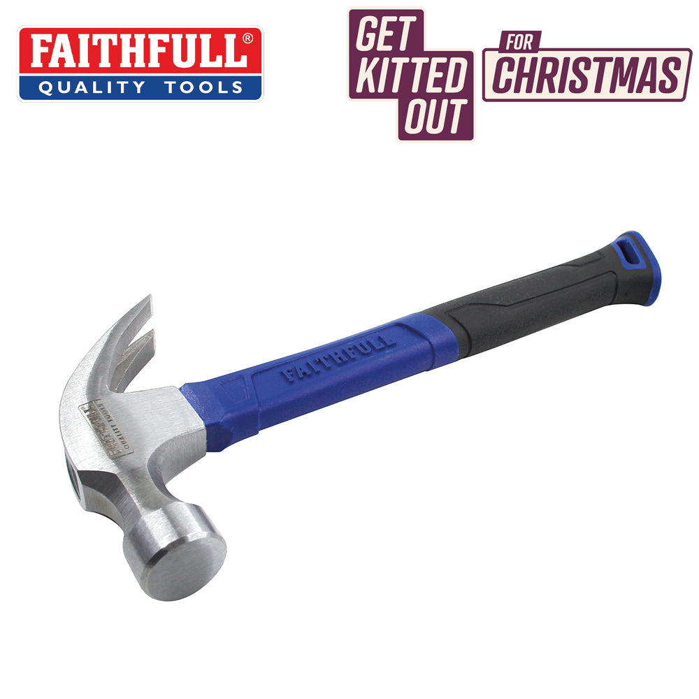 Faithfull 567G fibreglass claw hammer with blue and black handle on white background