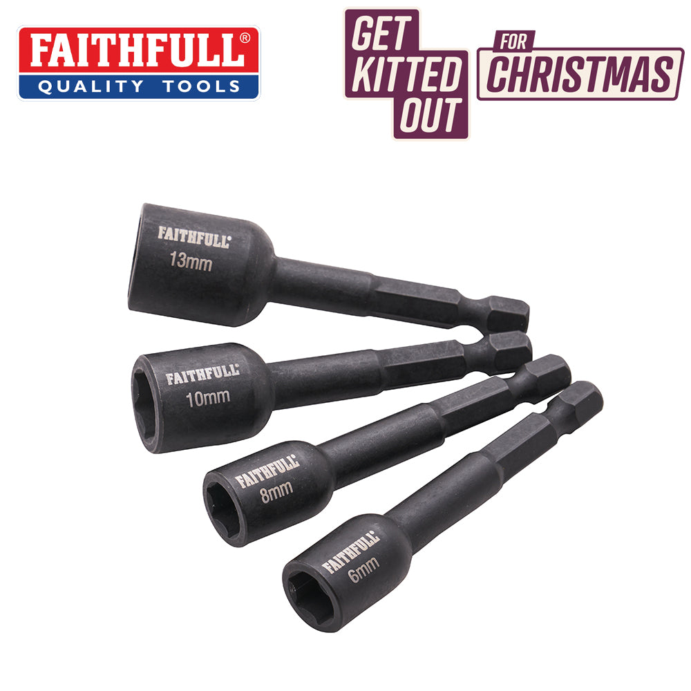 Faithfull 4 Piece Impact Nut Driver Set showing 6mm, 8mm, 10mm, and 13mm drivers on white background.