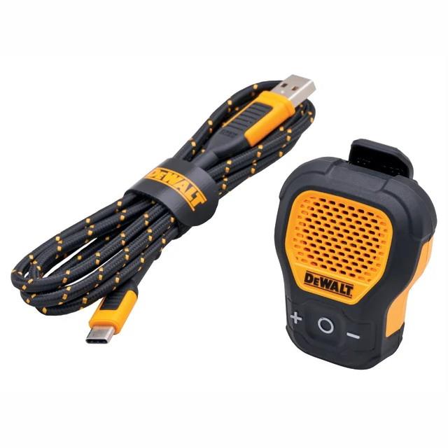 DeWalt Wearable Speaker with yellow-black rugged design and a braided USB charging cable with USB-C and USB-A ends.