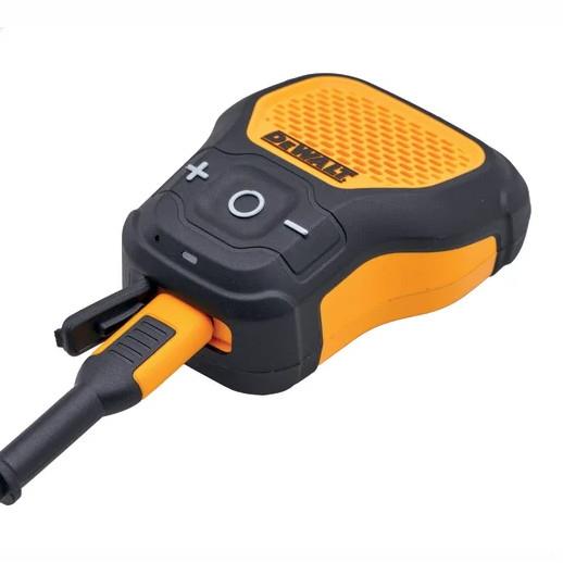 DeWalt Wearable Speaker 190 1148 DWE in black and yellow with volume controls and attached cable plug.