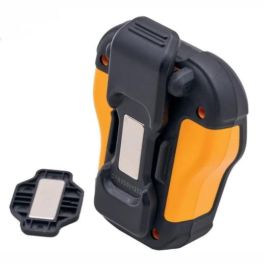 DeWalt Wearable Speaker 190 1148 DWE in yellow and black with detachable mounting clip shown from the back.