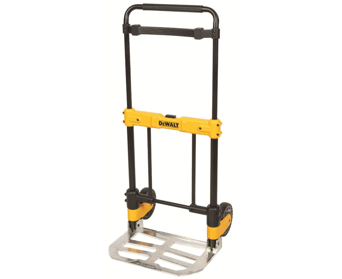 DeWalt XMS25TRUCK folding sack truck with black handle, yellow frame, and metal base plate on white background