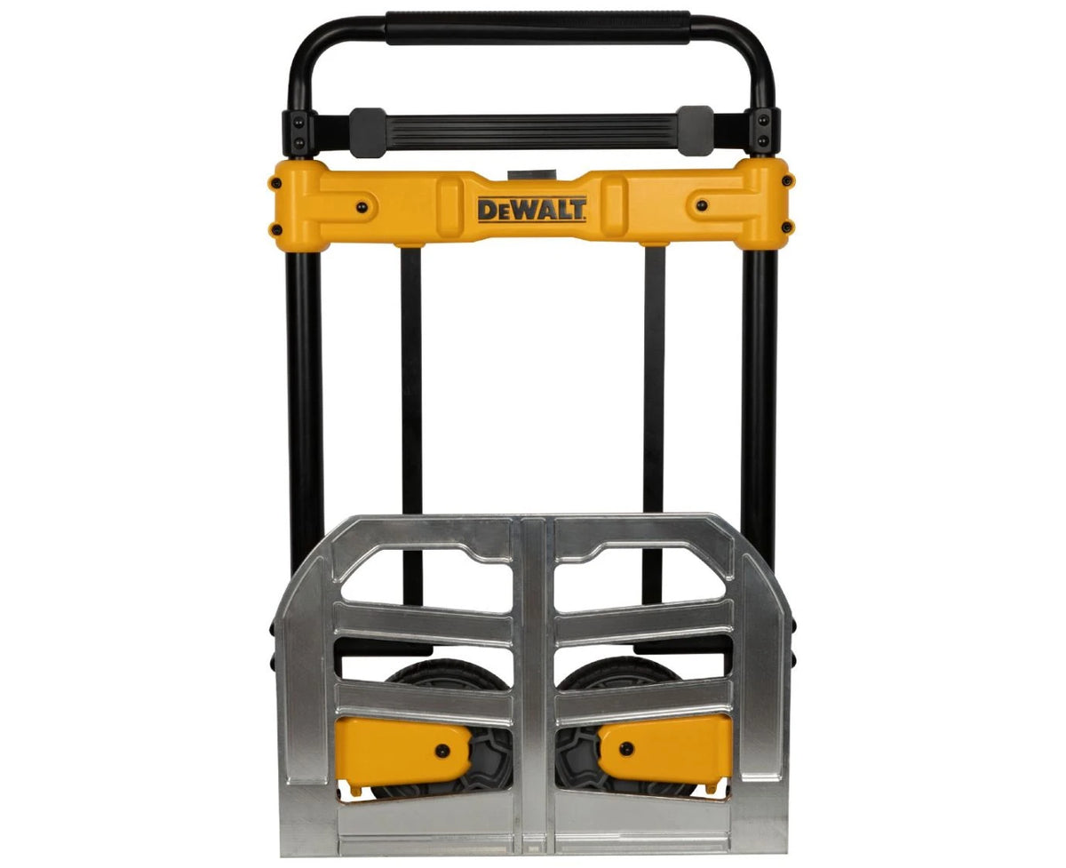 DeWalt folding sack truck with black handle, yellow frame, and folded silver base plate.