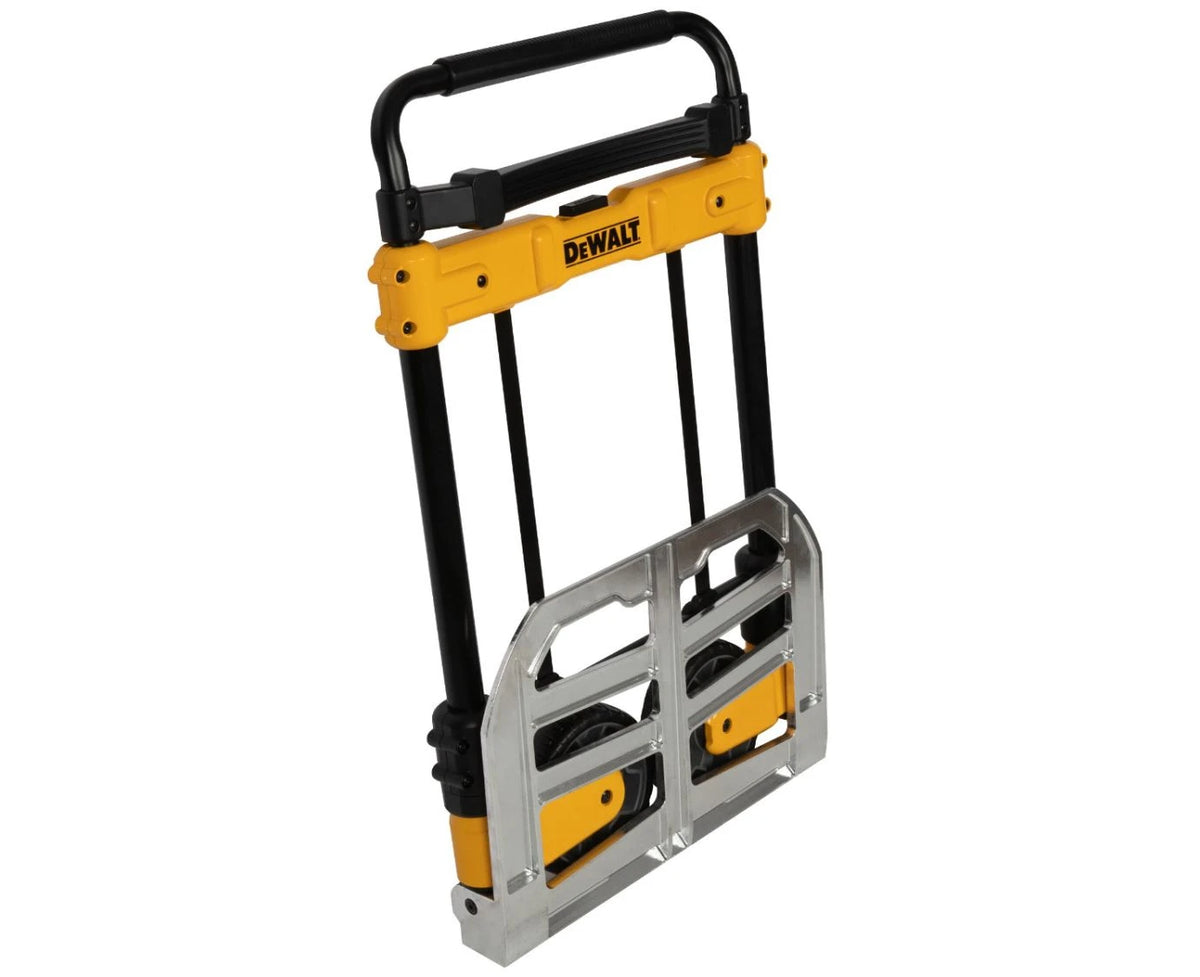 DeWalt folding sack truck with black handle, yellow frame, and silver folding base plate.