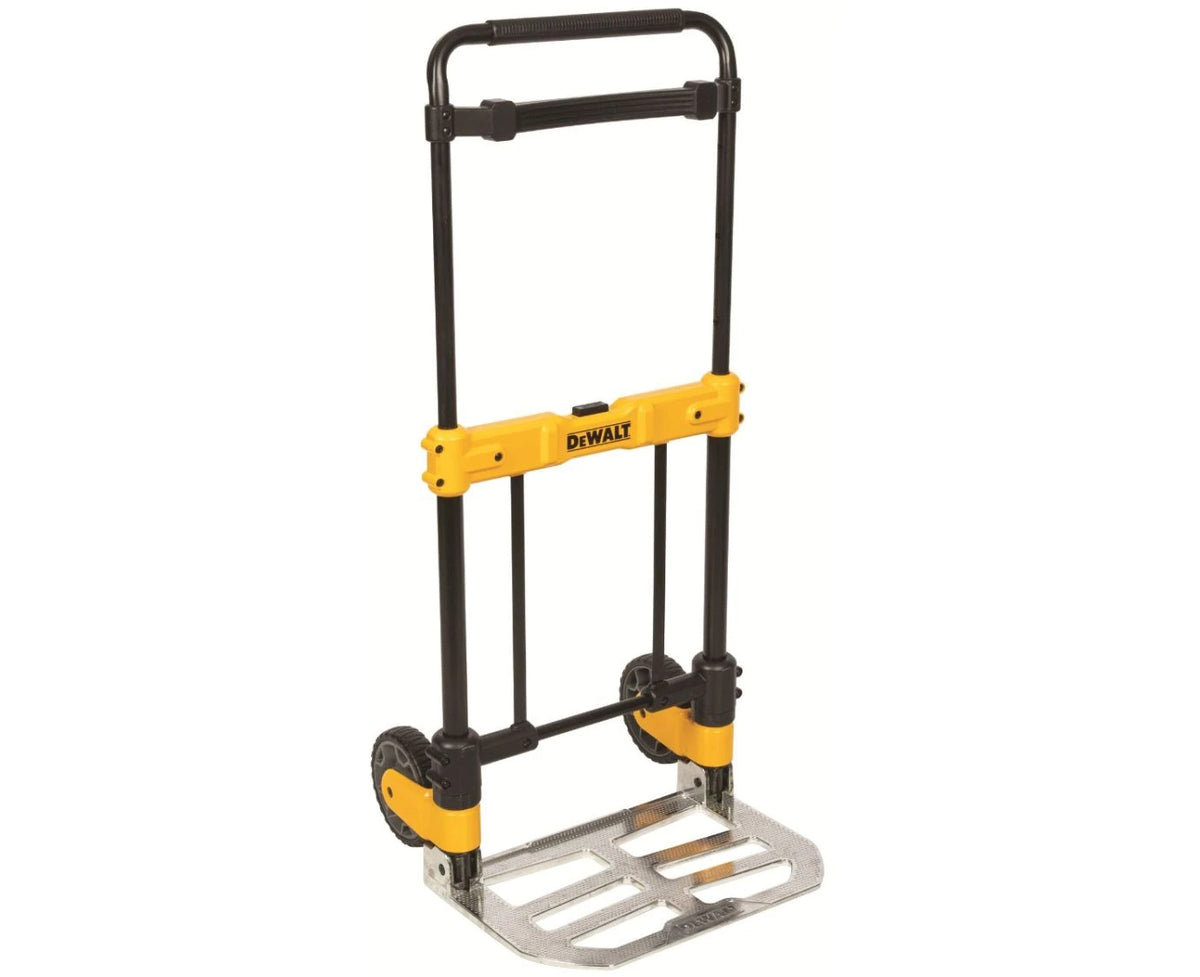DeWalt folding sack truck with black handle, yellow frame, and silver loading platform.