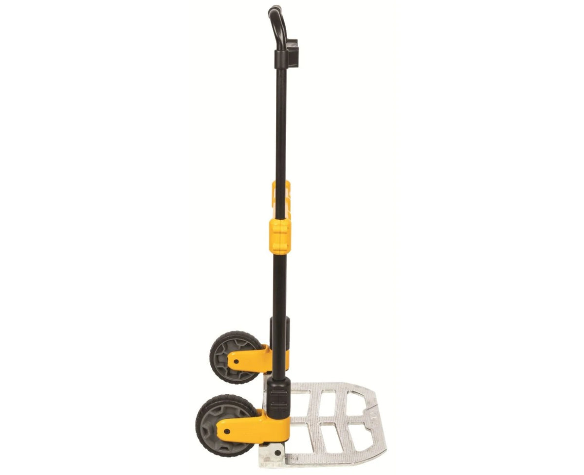 DeWalt Folding Sack Truck with black handle, yellow wheel mounts, and silver folding base plate side view.