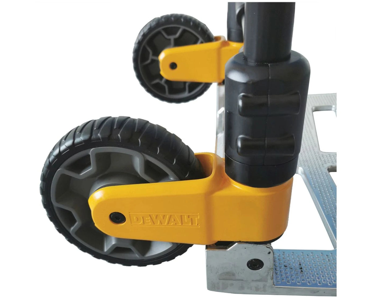 Close-up of DeWalt folding sack truck wheel and yellow frame detail with part of the metal base plate visible.