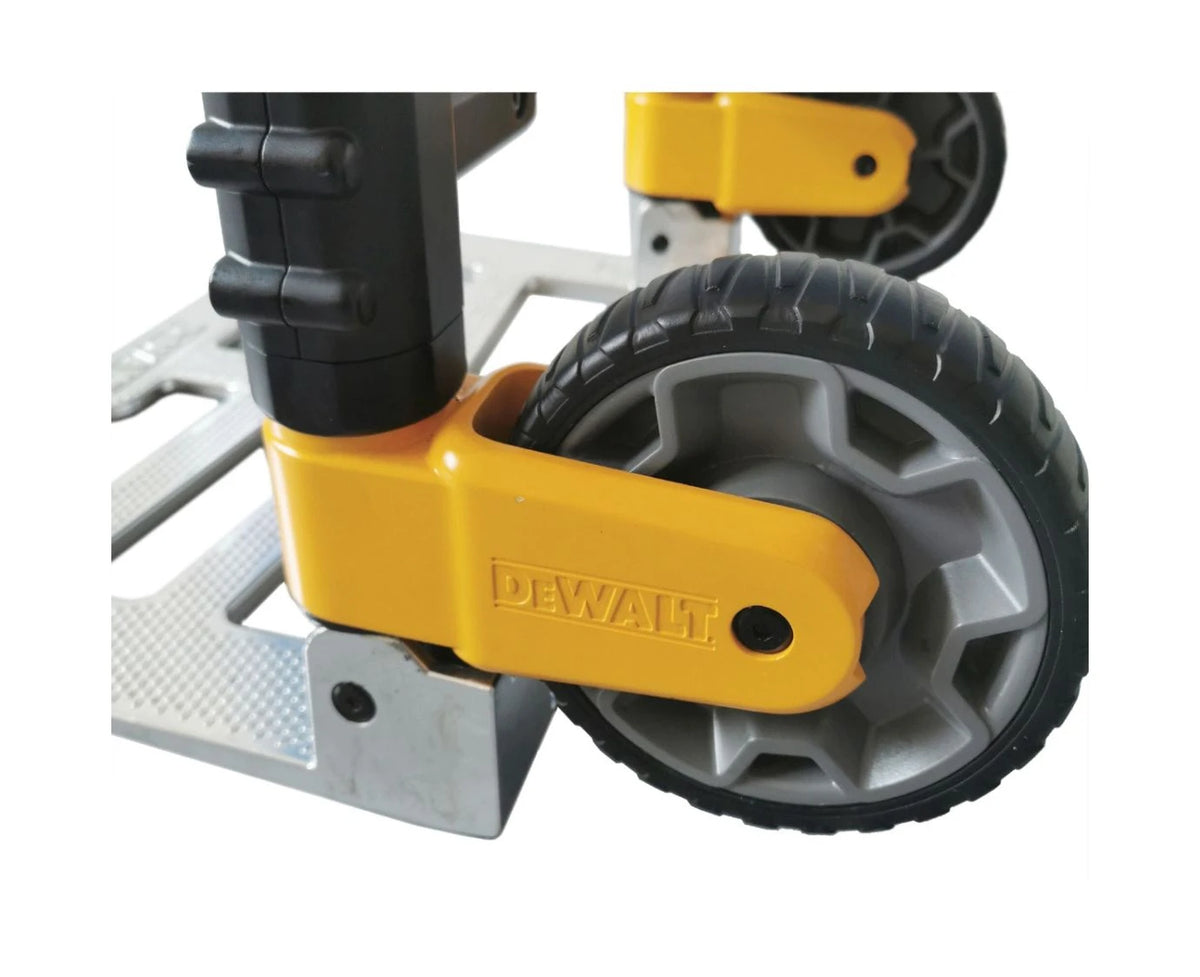 Close-up of the DeWalt Folding Sack Truck wheel and yellow frame detail with logo embossed.