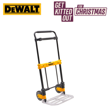DeWalt folding sack truck with black frame, yellow handle, and silver loading platform, upright position.