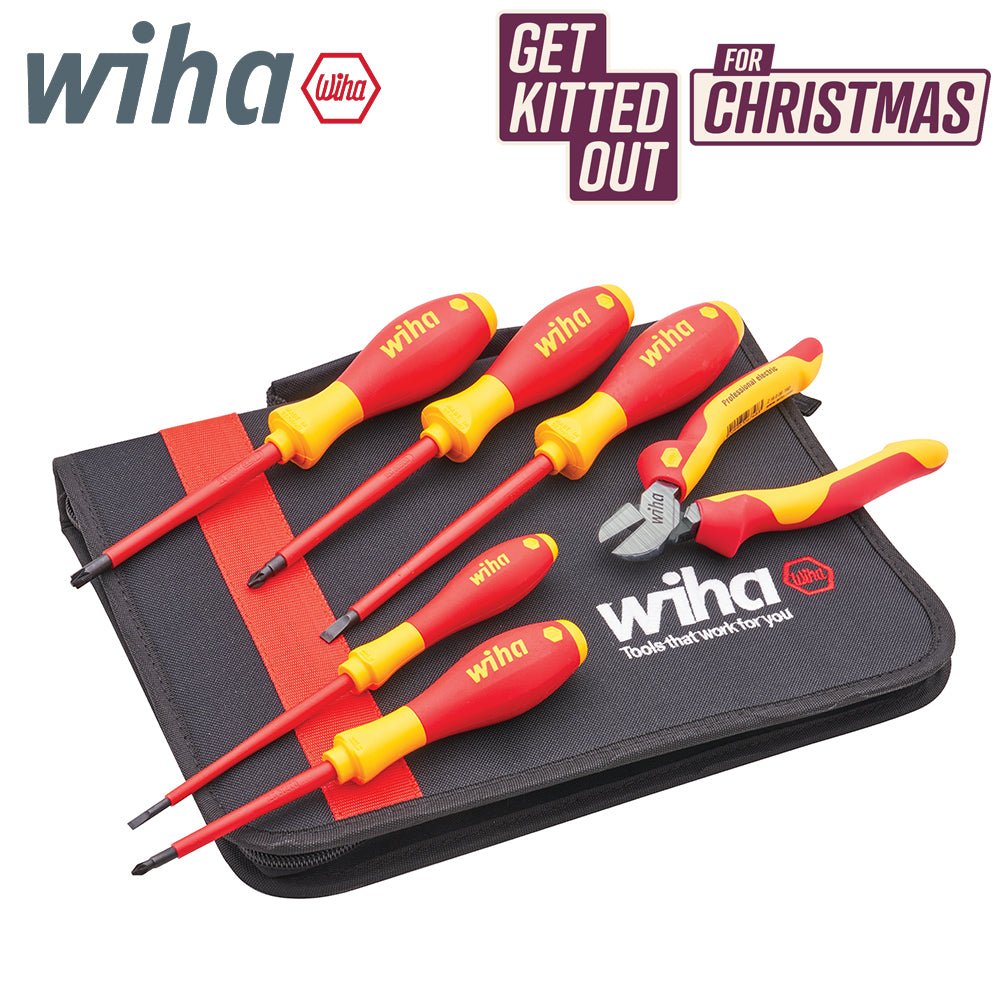Wiha electrician's VDE screwdriver and plier set with red and yellow handles on a black zippered tool pouch.