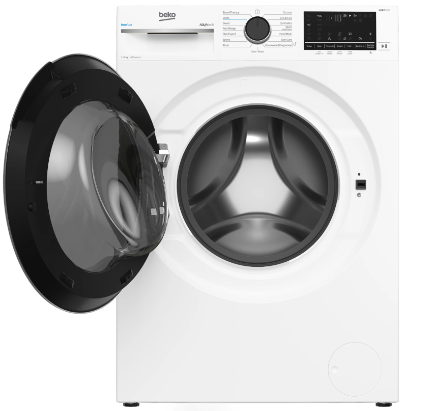 Beko 12kg white washing machine with open front door, control dial, and digital display panel