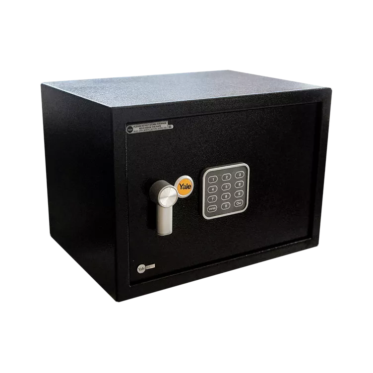 Black household security safe with keypad and silver handle on front door, angled view.