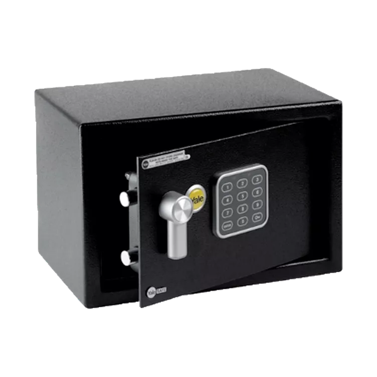 Black household security safe with keypad and partially open door showing locking bolts and handle