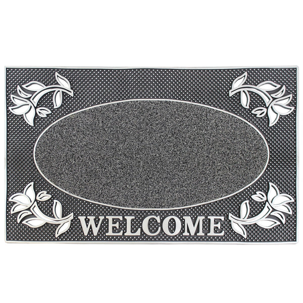 Welcome rectangular PVC pin mat with gold or silver metallic finish, raised pins for mud scraping, outdoor use - Keans