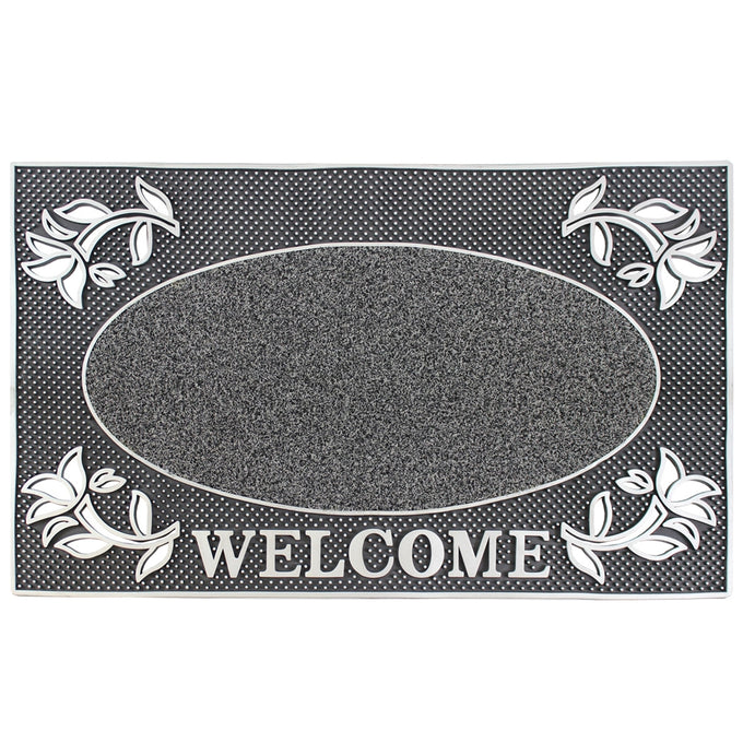 Welcome rectangular PVC pin mat with gold or silver metallic finish, raised pins for mud scraping, outdoor use - Keans