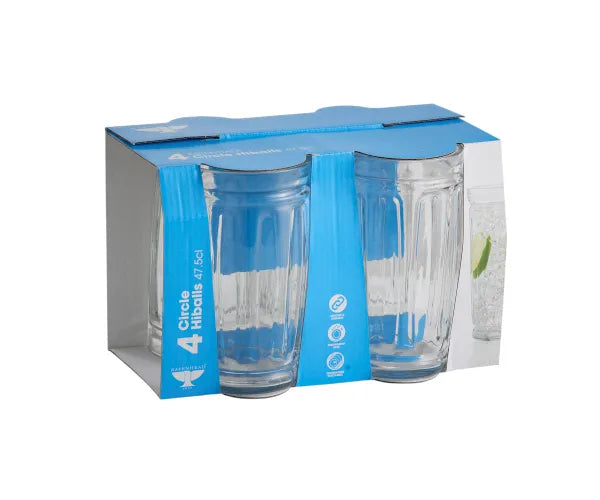 Set of 4 Essentials Circle Hiball Glasses 47.5cl for long drinks, ideal for BBQs and parties – Keans Claremorris