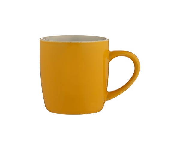 Mustard stoneware mug 33cl with high gloss finish, cream interior, microwave and dishwasher safe – Keans Claremorris.