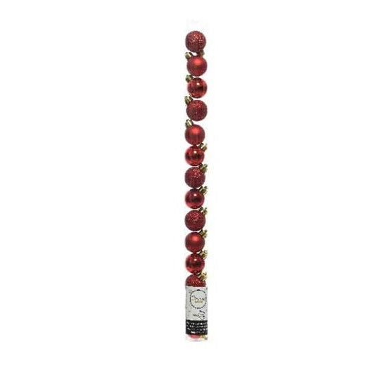 Pack of 14 shatterproof 3cm red Christmas baubles with shiny, matt, glitter finishes and gold wire hangers – Keans