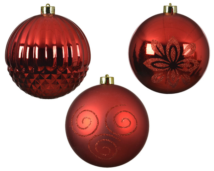 Bauble set of 14cm shatterproof Christmas decorations with gold cap, glitter snowflake and stripes, red - Keans Claremorris