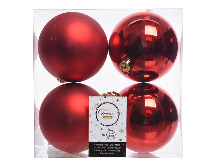 Christmas Red Baubles 10cm, shatterproof, shiny and matt finish, box of 4 – festive décor by Keans Claremorris