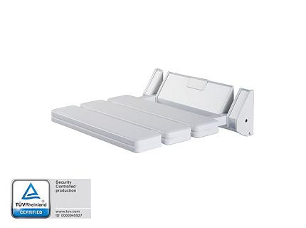 White Bisk Pro Folding Shower Seat 320x328mm, supports 150kg, space-saving, from Keans Claremorris