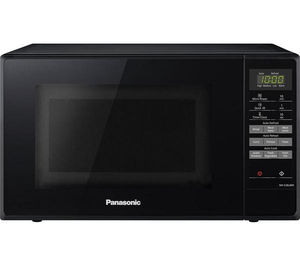 Panasonic 20L 800W black solo microwave with touch controls, auto cook programs, child lock – available at Keans Claremorris.