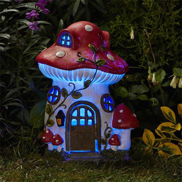 Solar-powered Mush-Room Fairy Garden House with white and color-changing LEDs, indoor/outdoor, hand-painted collectible -