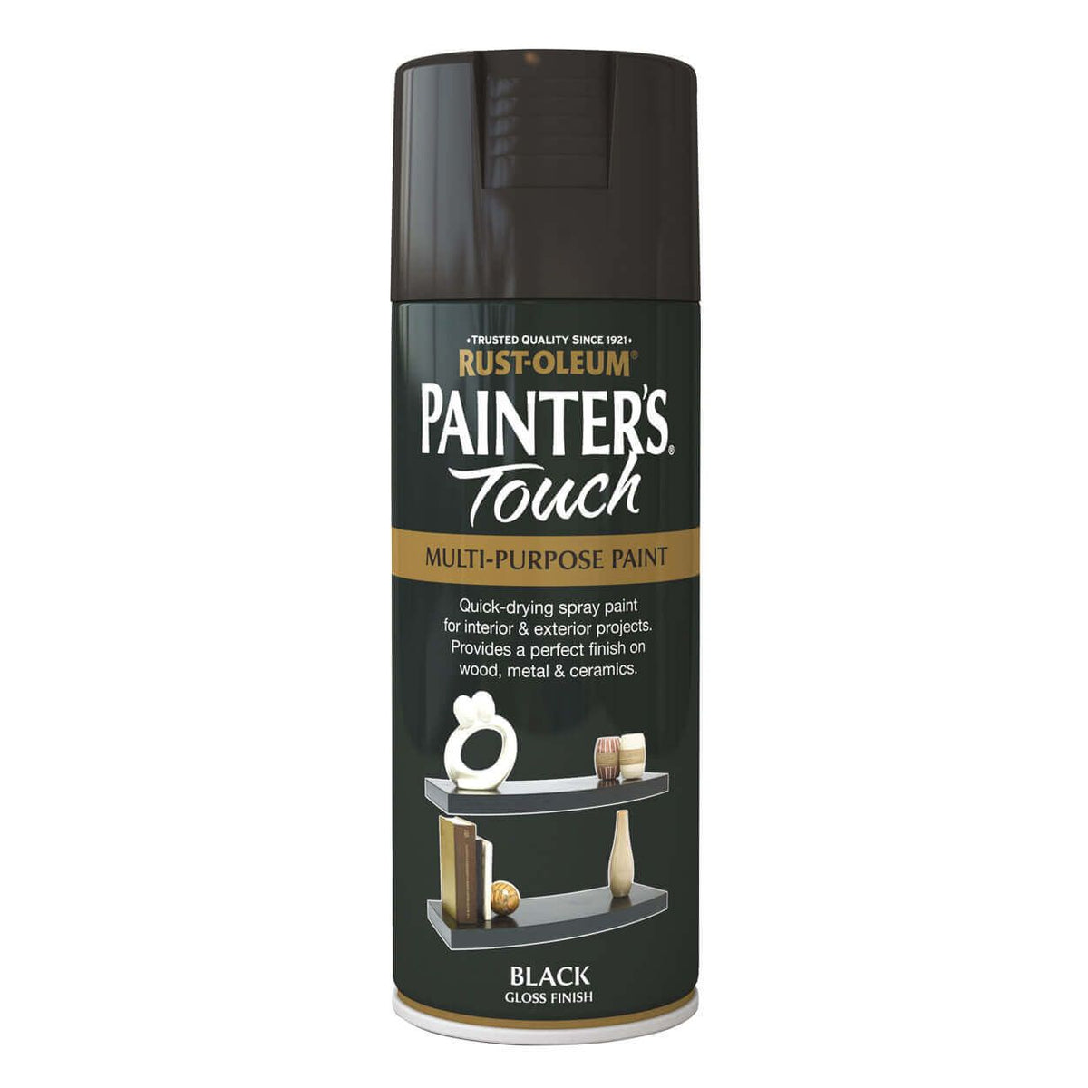 Rust-Oleum Painter's Touch Gloss Black 400ml spray paint, fast-drying, durable finish, multi-purpose, available at Keans