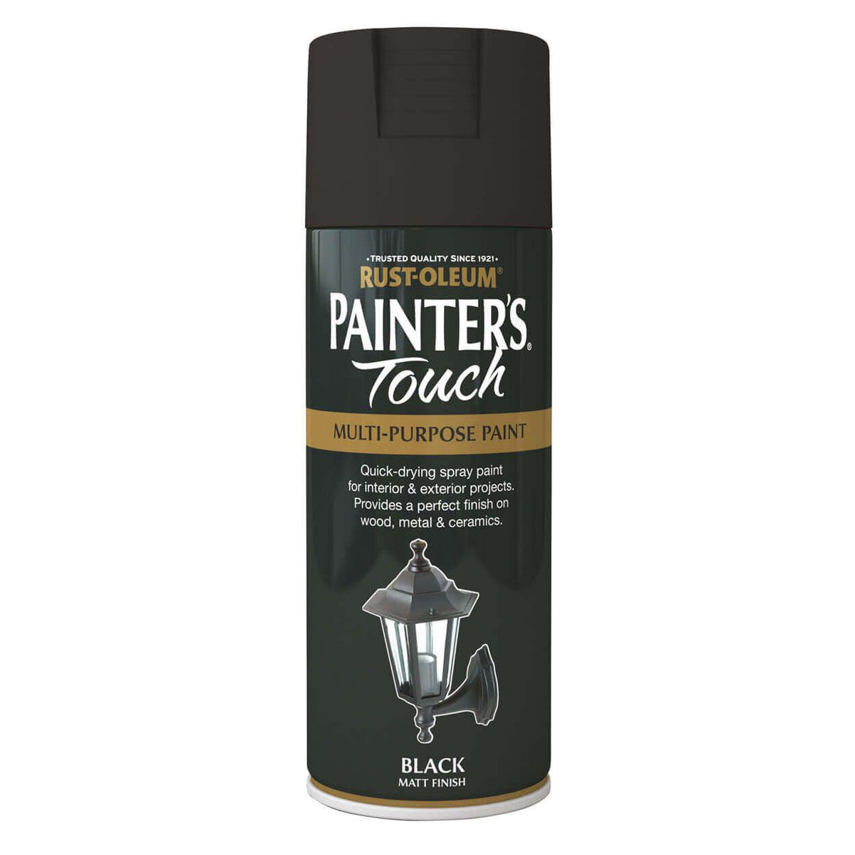 Rust-Oleum Painter's Touch Flat Black 400ml spray paint, fast-drying, durable finish, multi-purpose, available at Keans