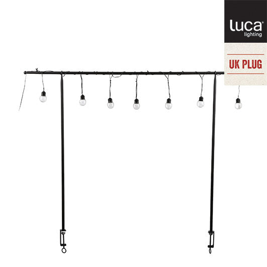 Black table hanger with 10 warm white LED bulbs, IP44 rated, 250x110cm, UK plug - Keans Claremorris