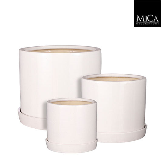 Set of 3 white Milan round pots with saucers, 26cm height x 31.5cm diameter – Keans Claremorris