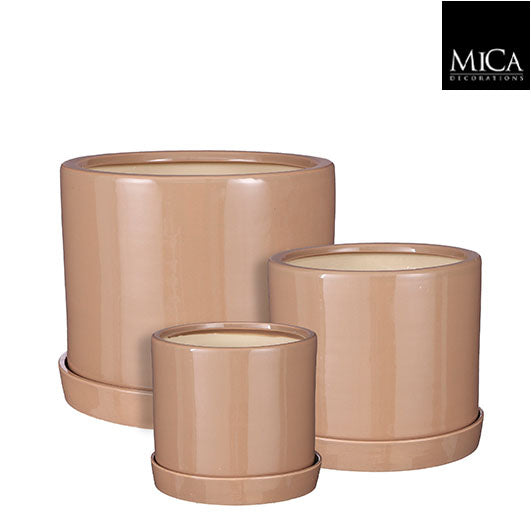 Set of 3 Milan round taupe pots with saucers, 26cm height x 31.5cm diameter - Keans Claremorris