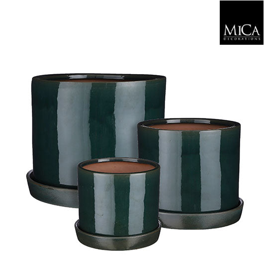 Set of 3 Milan round green pots with saucers, 26cm height x 31.5cm diameter - Keans Claremorris