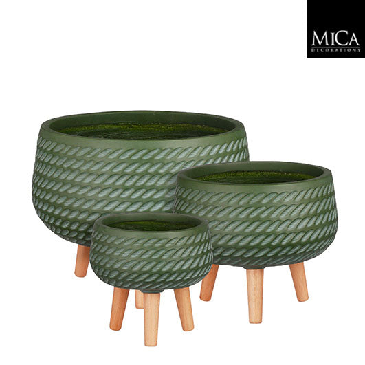 Set of 3 green Corda bowls on stands, 32cm height, 42cm diameter - stylish decor by Keans Claremorris