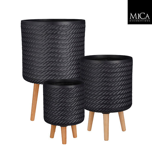 Set of 3 black Corda pots on stands, 62cm height x 36cm diameter - stylish plant holders from Keans Claremorris