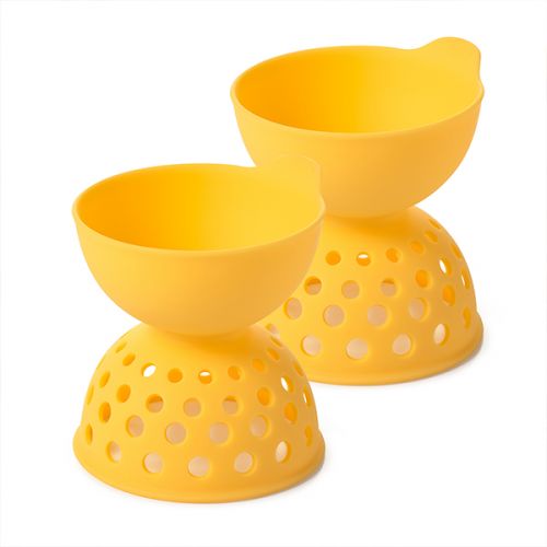 Oxo 2-piece silicone egg poaching set, BPA-free, collapsible, even water flow, safe tab, available at Keans Claremorris.