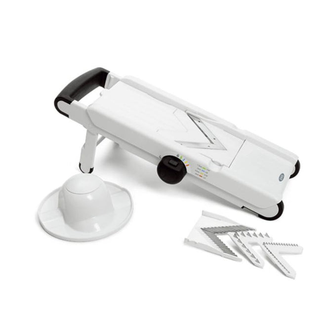 Oxo Good Grips V-Blade Mandoline slicer with 4 blades, adjustable thickness, safety holder, foldable feet – available at