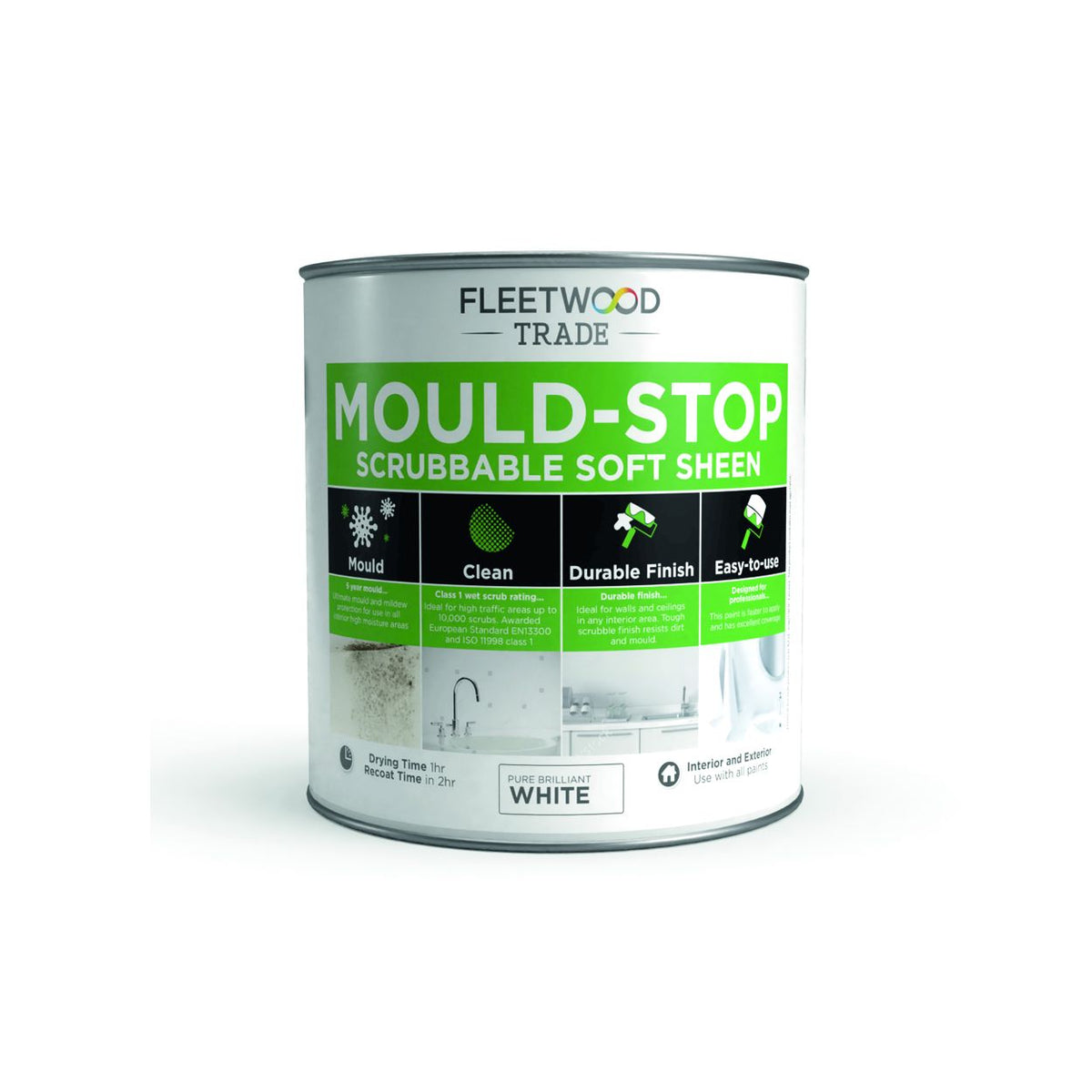 Fleetwood Mould Stop 2.5L water-based paint with 5-year mould protection, scrubbable finish, ideal for interior walls -